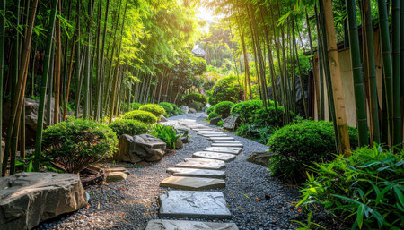 Stone pathway in the green garden with bamboo forest and sunlight in morning.の素材