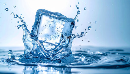 Ice cube with water splash on blue background. Ice cube in waterの素材