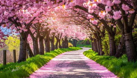 Cherry blossoms in full bloom along a country lane in springの素材