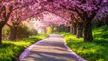 Cherry blossoms in full bloom along a country lane in springの素材