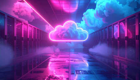 Cloud computing concept in server room. 3D rendering and illustration.の素材