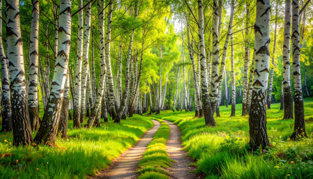Path in the birch grove at sunset. Summer landscape.の素材