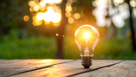 Incandescent light bulb on wooden table with bokeh background.の素材