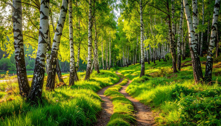 Path in the birch grove in the morning light. Landscape.の素材