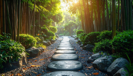 Stone walkway in the beautiful bamboo garden at sunset, Thailand.の素材
