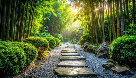 Pathway in the bamboo garden at sunset, beautiful nature background.の素材