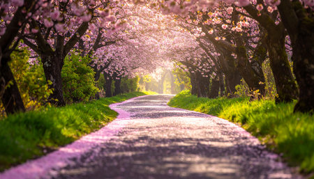 Cherry blossoms in full bloom along a country road in springの素材