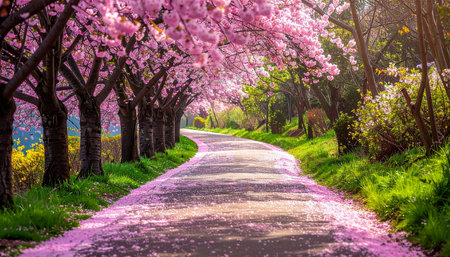 Cherry blossoms in full bloom along a country road in springの素材