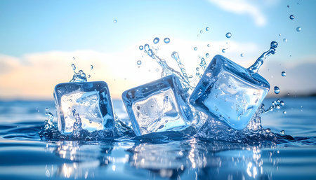Ice cubes with water splash on blue sky background. 3d renderingの素材