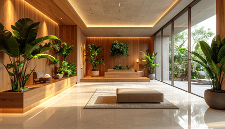 Interior of a modern living room with wooden walls and tiled floorの素材