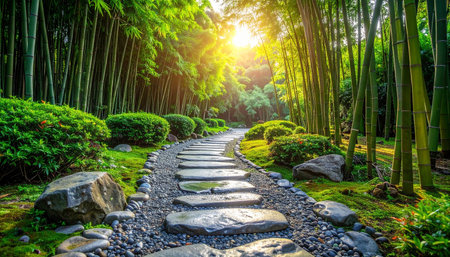 Beautiful bamboo garden with pathway in the morning at Chiang Mai, Thailand.の素材