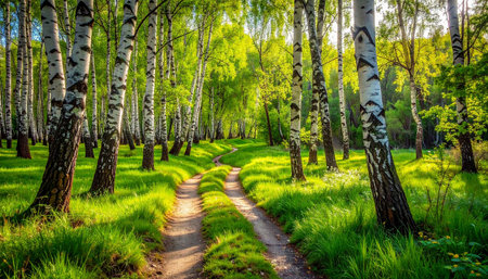 Sunset or sunrise in a birch grove with birches, ferns and other plants in springの素材