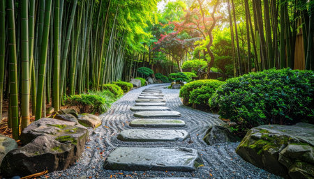 Stone walkway in beautiful bamboo garden at Arashiyama Kyoto Japanの素材