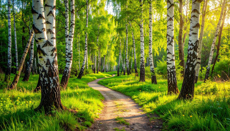 Sunset or sunrise in a birch grove with the first rays of the sun illuminating the path.の素材