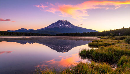 Mount Rainier at sunset with reflection in the lake, Washington.の素材