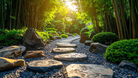 Stone walkway in the beautiful garden at sunset time, stock photoの素材