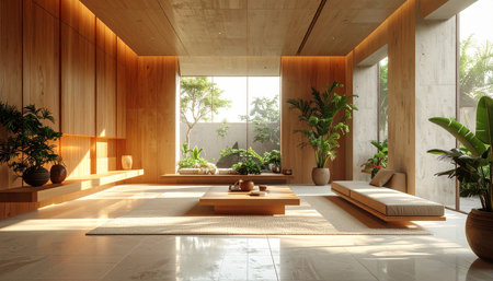 Interior design of modern living room with wooden wall and tile floorの素材