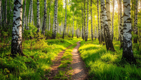 birch forest in sunlight in the morning. Landscape.の素材