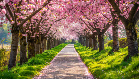 Cherry blossoms in full bloom along a path in the parkの素材