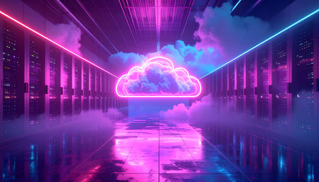 Server room data center with glowing neon cloud. 3D Renderingの素材