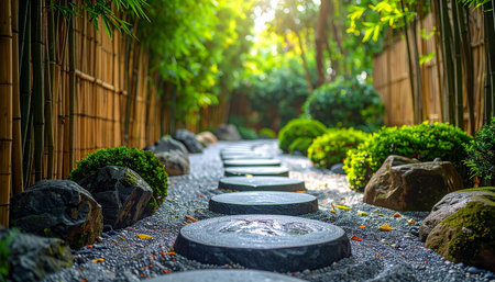 Stone walkway in the garden at japanese style with sunlightの素材