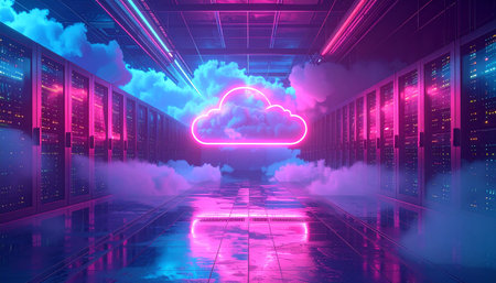 Server room data center with glowing neon cloud. 3D Renderingの素材
