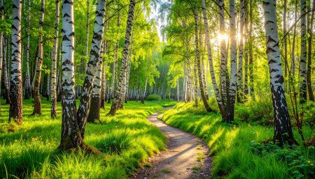 Sunset or sunrise in a birch grove with the sun's rays passing through themの素材