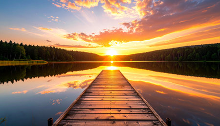 Wooden pier on the lake at sunset. Beautiful summer landscape.の素材