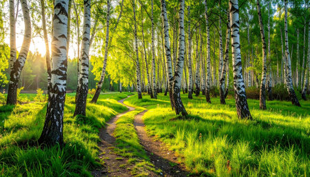 Sunset or sunrise in a birch grove with the first rays of light illuminating the ground.の素材