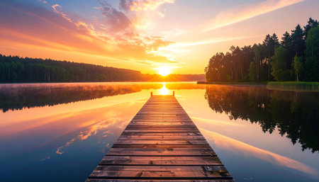 Wooden pier on the lake at sunrise. Beautiful summer landscape.の素材