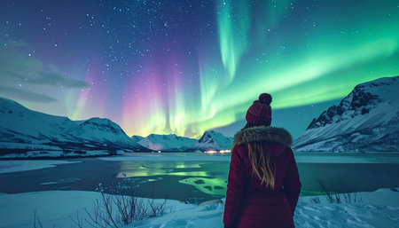 Aurora borealis, northern lights in the sky over woman in winterの素材