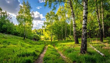 Sunny summer day in the birch grove with green grassの素材