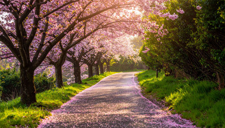 Cherry blossoms in full bloom along a gravel road in springの素材