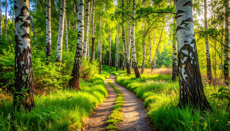 Path in the green summer birch grove with pines and sun raysの素材