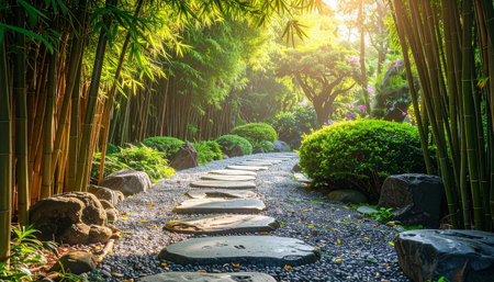 Stone walkway in the beautiful garden with sunlight,nature background.の素材