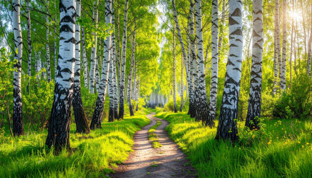 Sunset or sunrise in a birch grove with the first rays of the sun illuminating the pathの素材