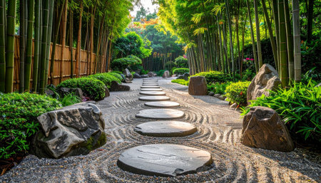 Stone walkway in the garden, beautiful landscape design in Japanese styleの素材