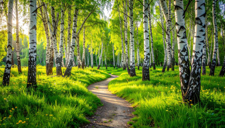 Path in a birch grove at sunset or sunrise in springの素材
