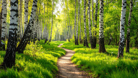 Path in the birch grove in the morning. Beautiful summer landscapeの素材