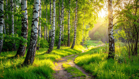 Sunset or sunrise in a birch grove with the first rays of sunlight illuminating the pathの素材