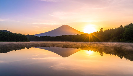 Beautiful landscape of mountain fuji with sunrise at kawaguchiko lake Japanの素材