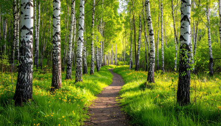 Path in a birch grove with green grass and yellow flowersの素材