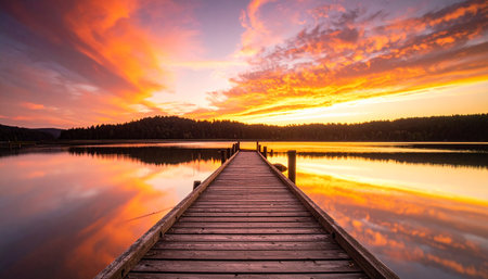 Wooden jetty on a lake at sunset. Beautiful landscape.の素材