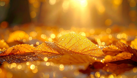 Autumn leaves with dew drops on bokeh lights backgroundの素材