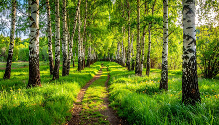 Path in the birch grove in spring. Birch grove at sunset.の素材