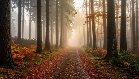 Autumn road through the forest in foggy morning. Beautiful autumn landscapeの素材