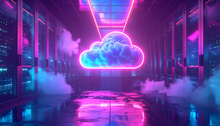 3D rendering of a server room with a cloud and neon lightsの素材