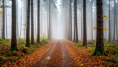 Pathway through the autumn forest in the morning fog. Natural backgroundの素材