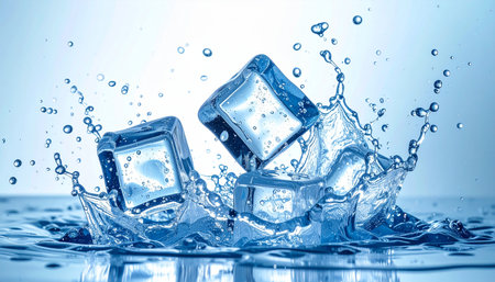 Ice cubes with water splash on blue background. 3d rendering.の素材