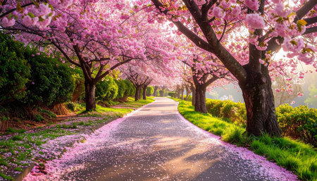 Cherry blossoms in full bloom along the road, spring seasonの素材